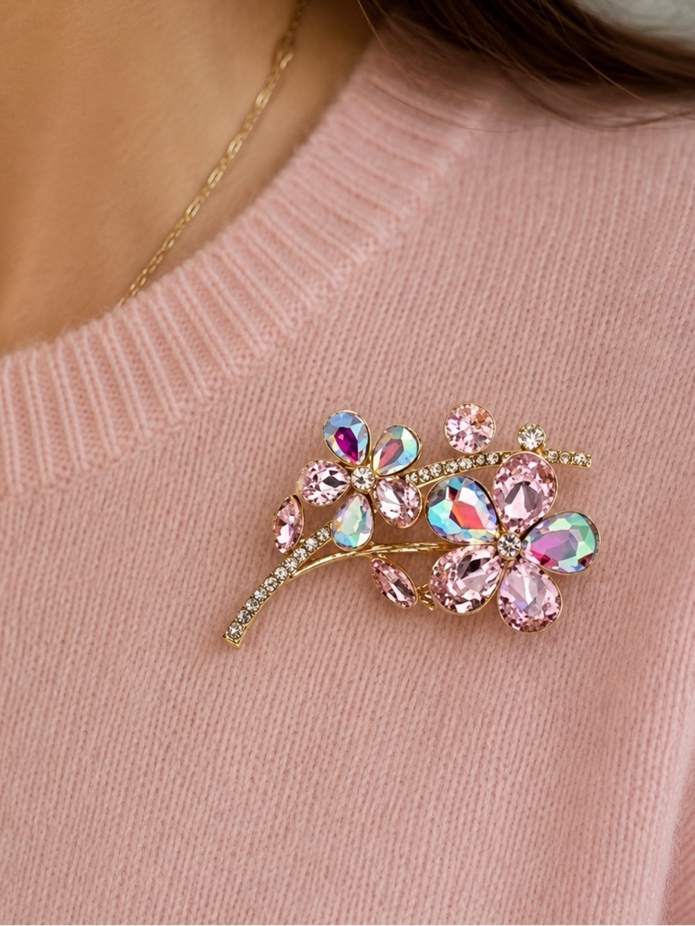 MONET Flower Brooch Pin Gold Tone Rhinestone Pink AB Crystal Figural New in Box